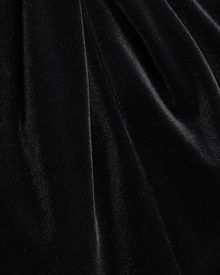 Petite Black Velvet Feather Trim Mini Dress