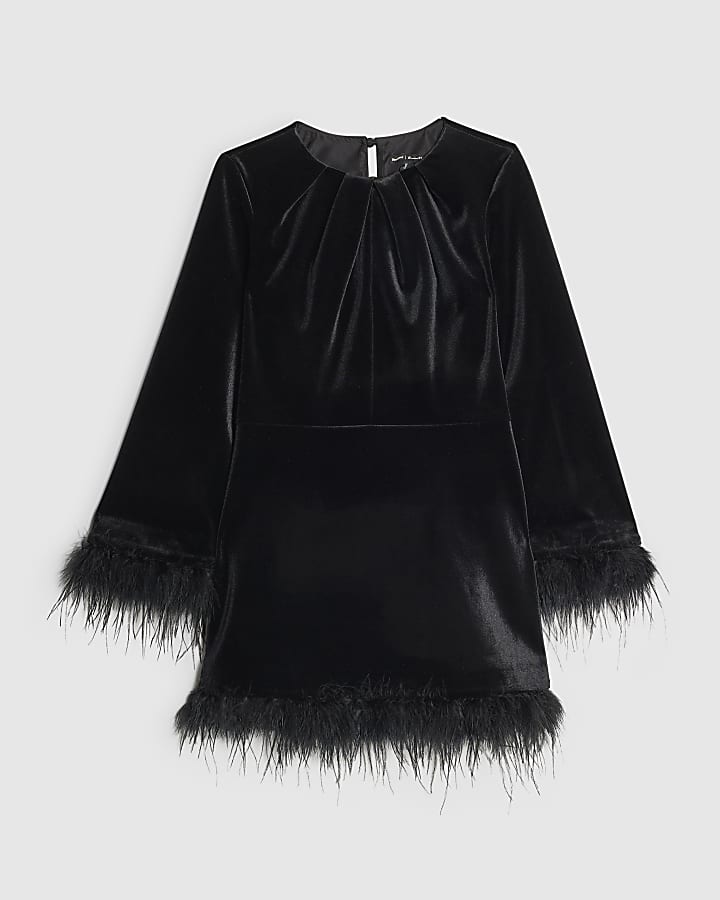 Petite Black Velvet Feather Trim Mini Dress