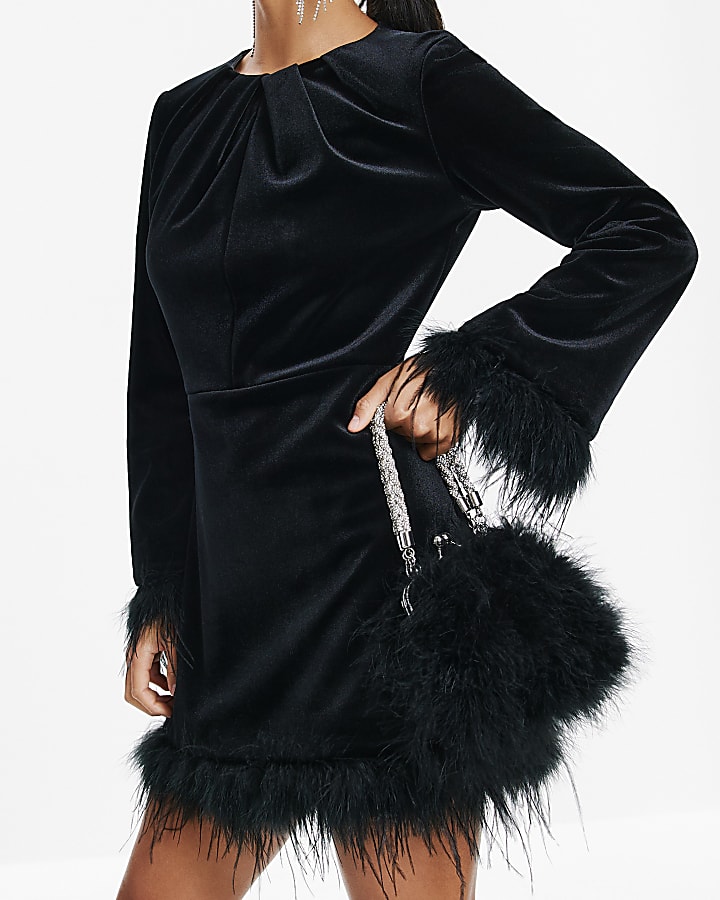 Petite Black Velvet Feather Trim Mini Dress