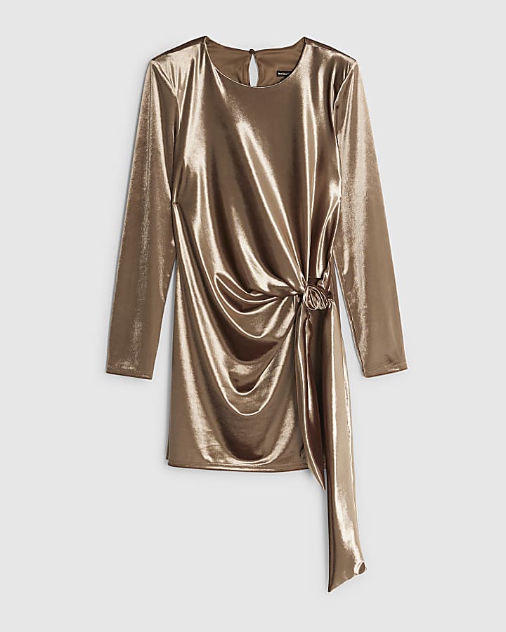 Petite Brown Velvet Tie Side Mini Dress