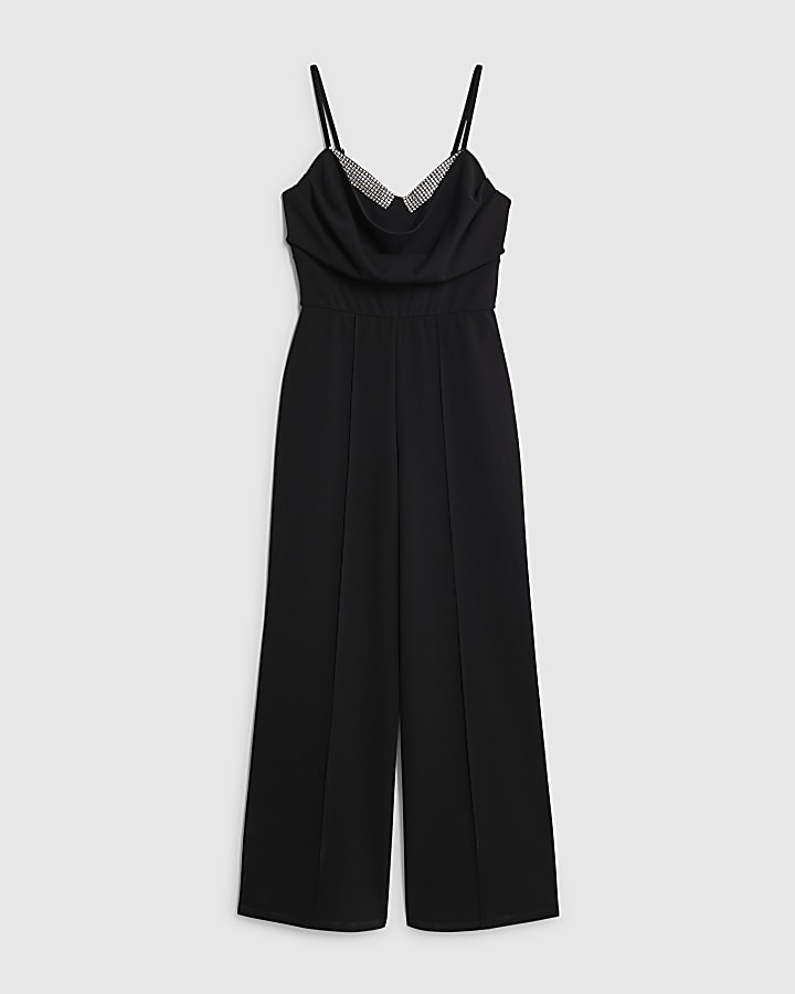 Black Cowl Neck Diamante Detail Jumpsuit