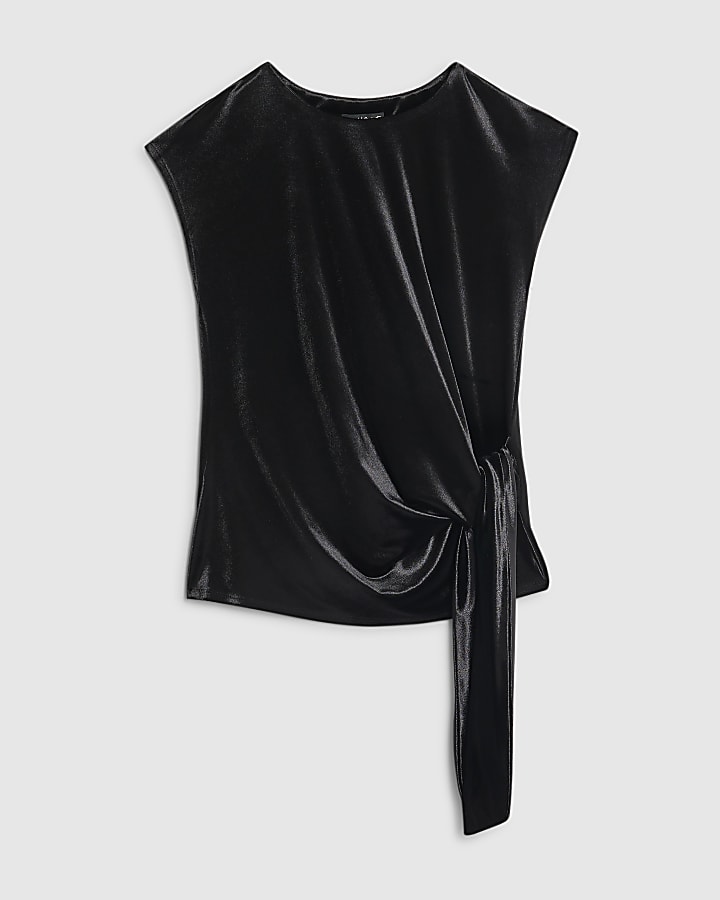 Petite Black Velvet Short Sleeve Tie Side Top