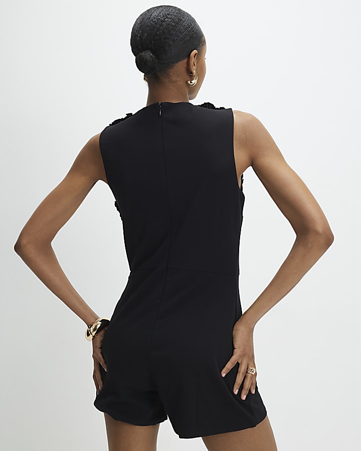 Black Sleeveless 3D Plisse Ruffle Playsuit