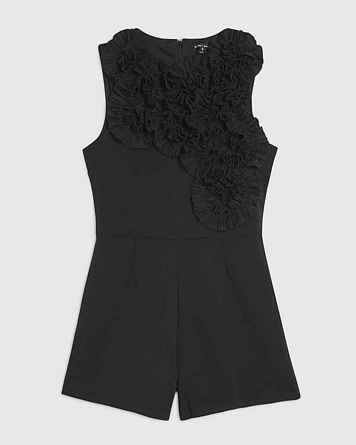 Black Sleeveless 3D Plisse Ruffle Playsuit