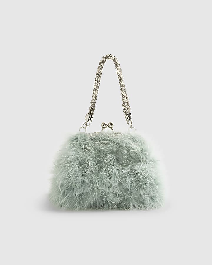 Blue Diamante Feather Clutch Bag