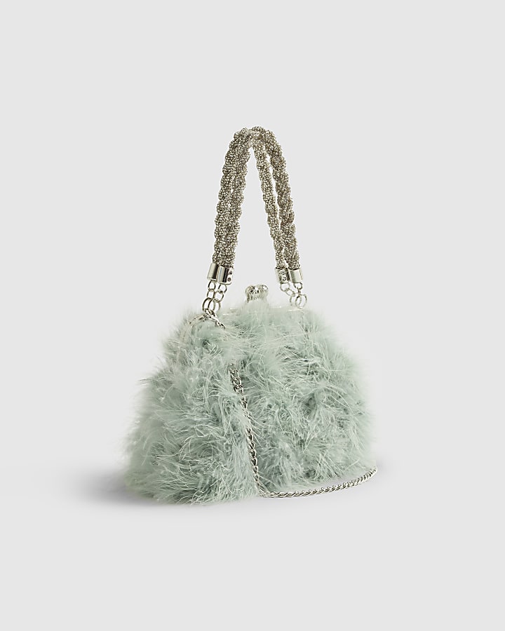 Blue Diamante Feather Clutch Bag
