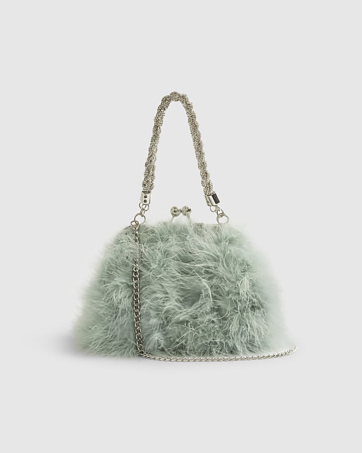 Blue Diamante Feather Clutch Bag