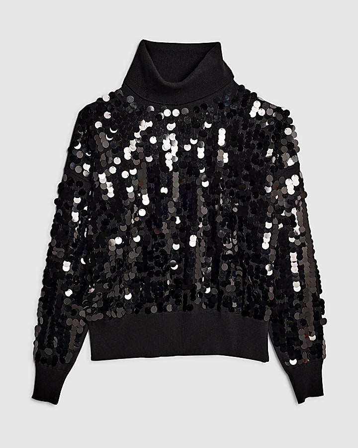 Black Knitted Sequin Roll Neck Jumper
