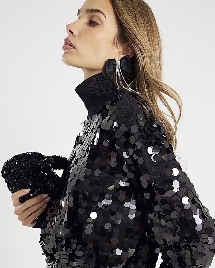 Black Knitted Sequin Roll Neck Jumper