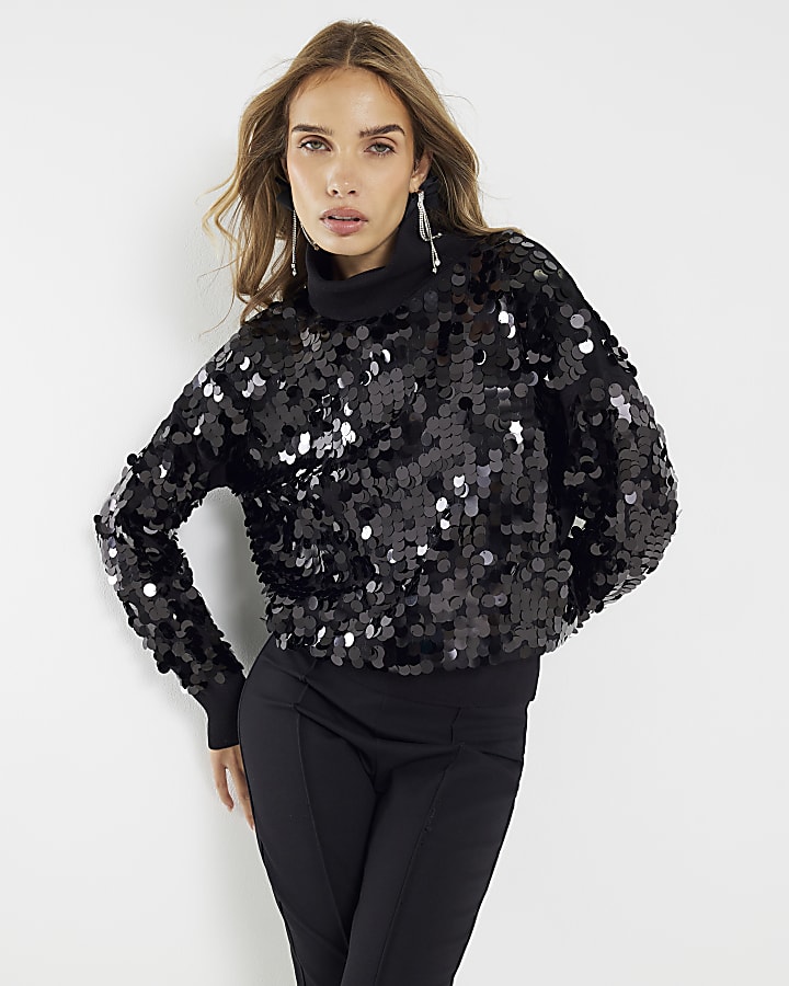 Black Knitted Sequin Roll Neck Jumper