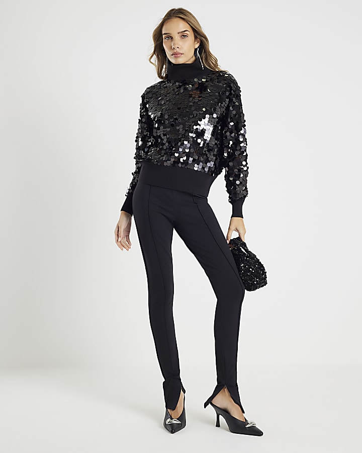 Black Knitted Sequin Roll Neck Jumper
