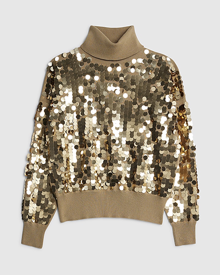 Gold Knitted Roll Neck Sequin Jumper