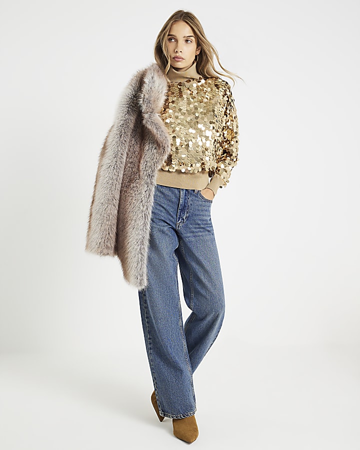 Bronze Knitted Roll Neck Sequin Jumper