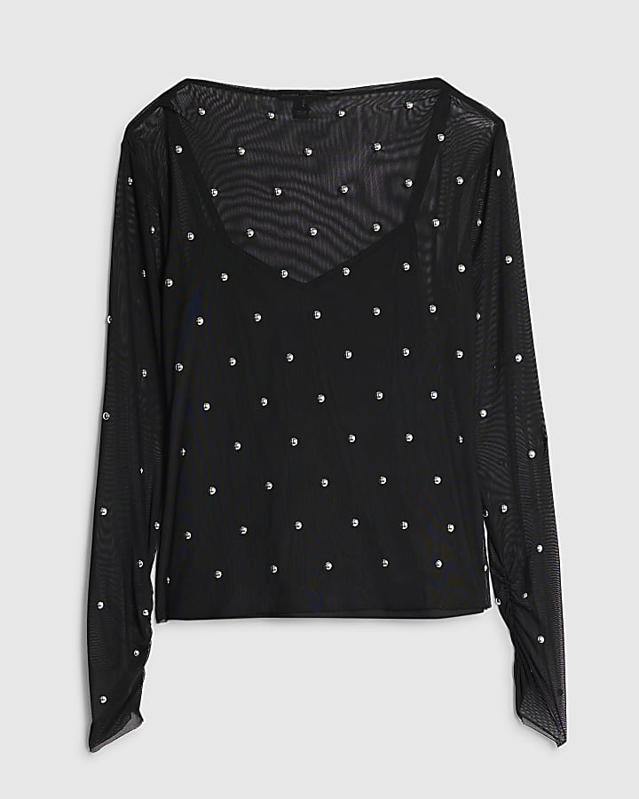 Black Mesh Long Sleeve Studded Top
