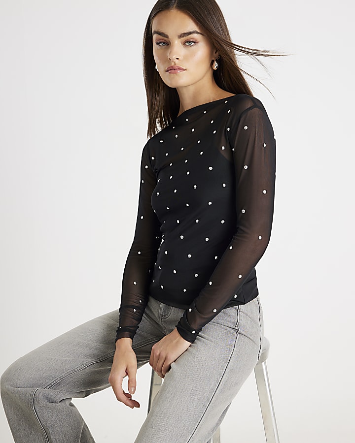 Black Mesh Long Sleeve Studded Top