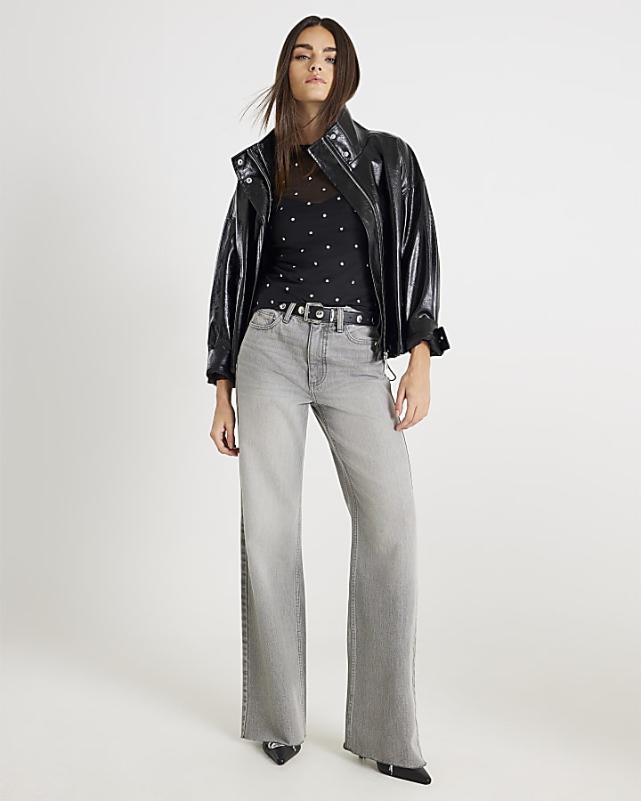 Black Mesh Long Sleeve Studded Top