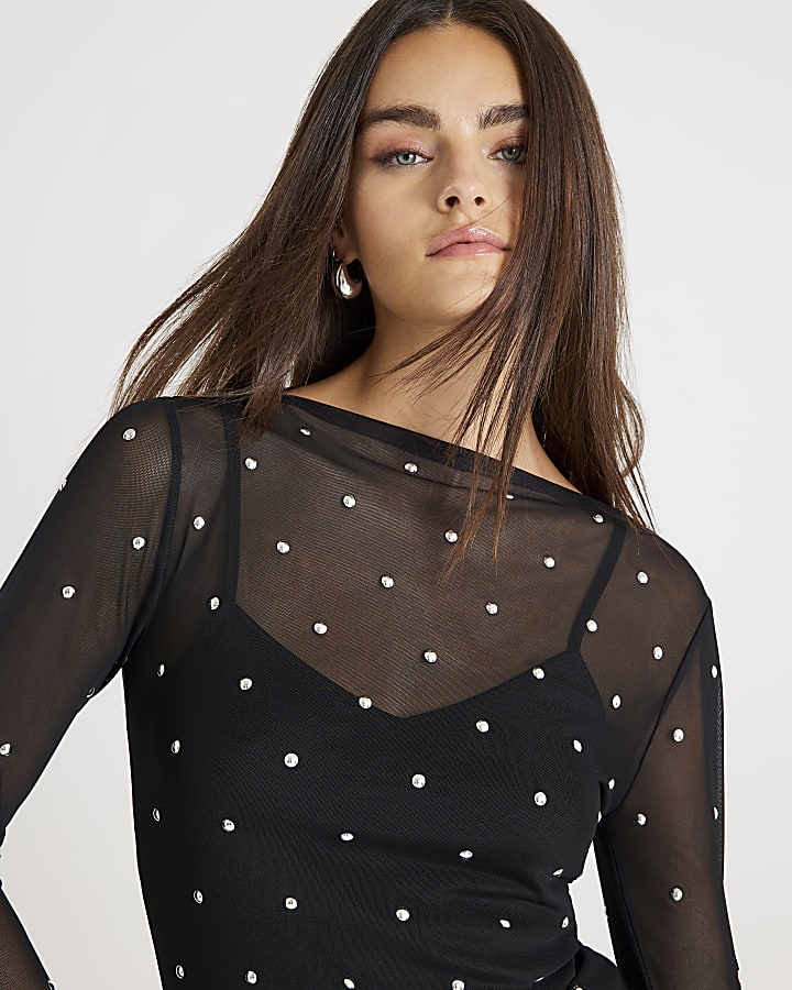 Black Mesh Long Sleeve Studded Top