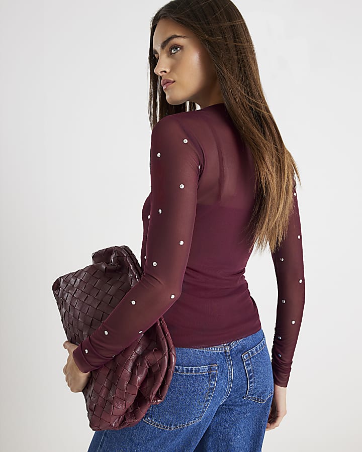 Red Mesh Long Sleeve Studded Top