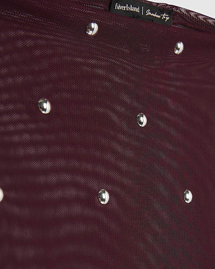 Red Mesh Long Sleeve Studded Top