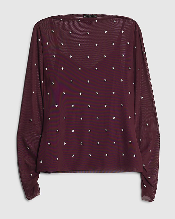 Red Mesh Long Sleeve Studded Top