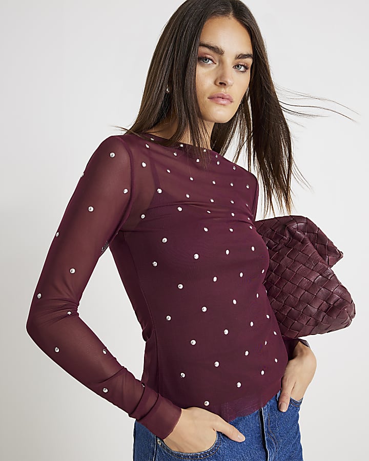Red Mesh Long Sleeve Studded Top