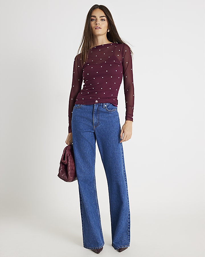 Red Mesh Long Sleeve Studded Top