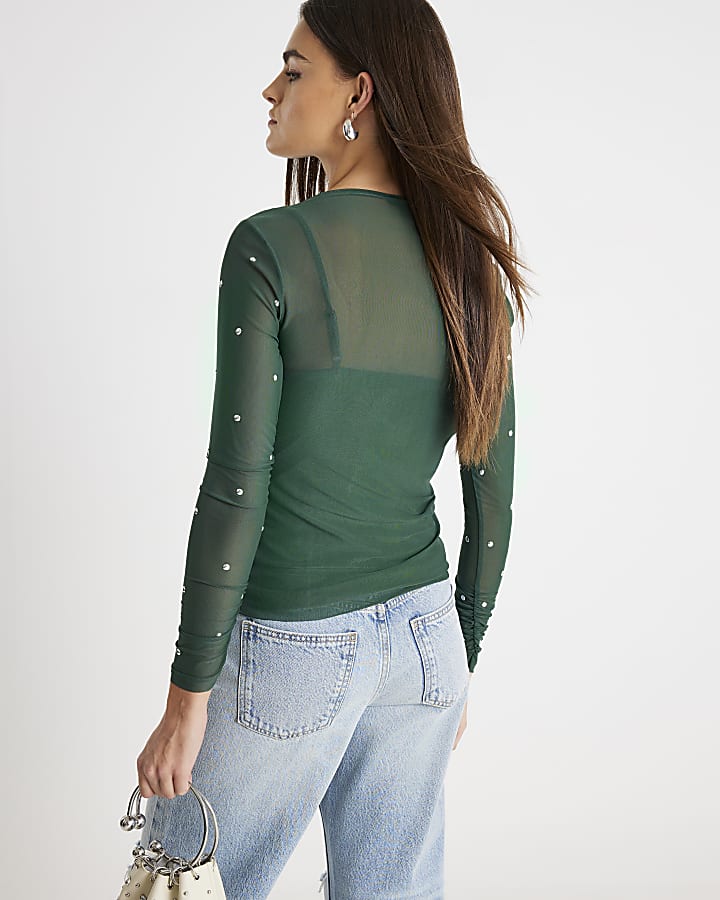 Green Mesh Long Sleeve Studded Top