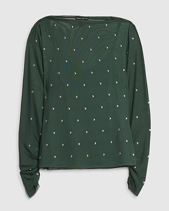 Green Mesh Long Sleeve Studded Top