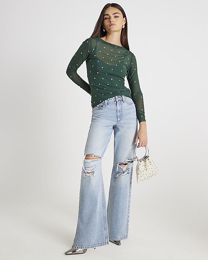 Green Mesh Long Sleeve Studded Top