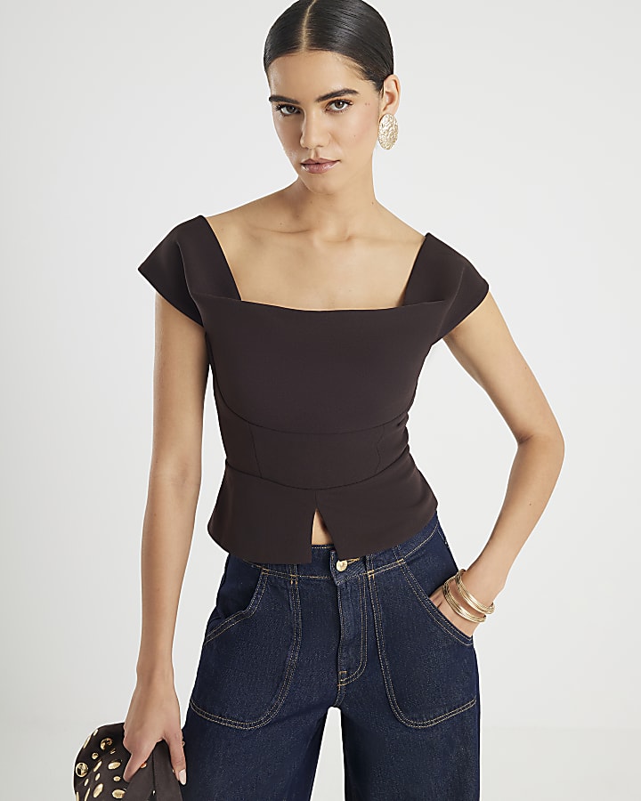 Brown Cowl neck Corset Top