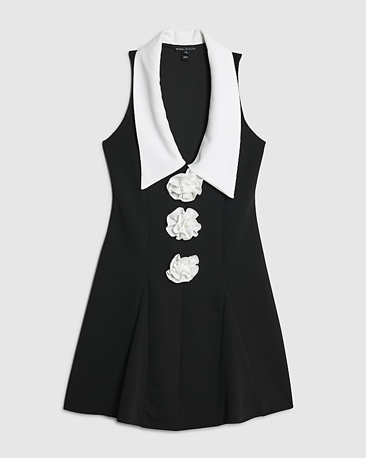 Black Sleeveless Corsage Collared Mini Dress