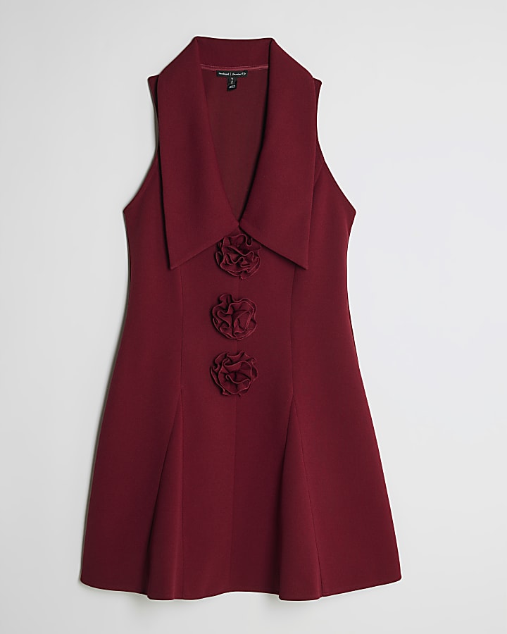 Red Sleeveless Corsage Collared Mini Dress