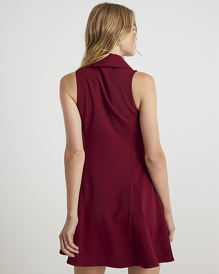 Red Sleeveless Corsage Collared Mini Dress