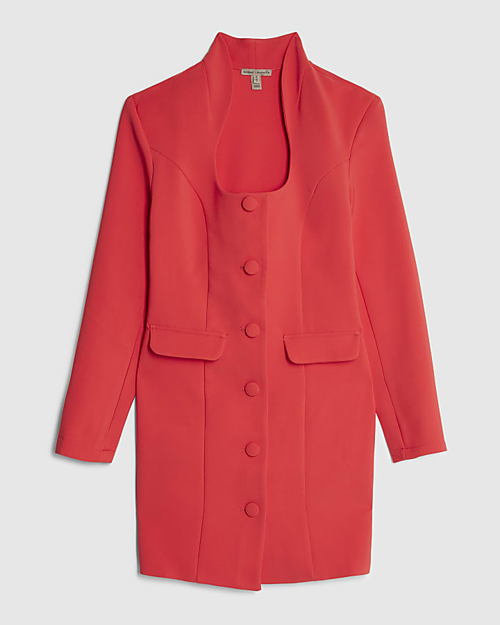 Red Long Sleeve Square Neck Mini Blazer Dress