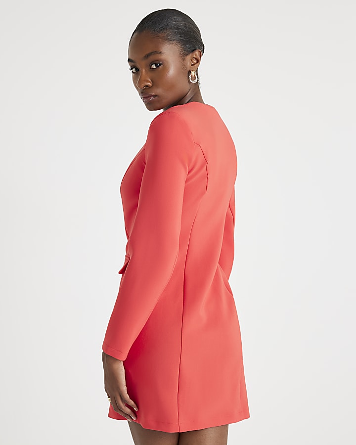 Red Long Sleeve Square Neck Mini Blazer Dress