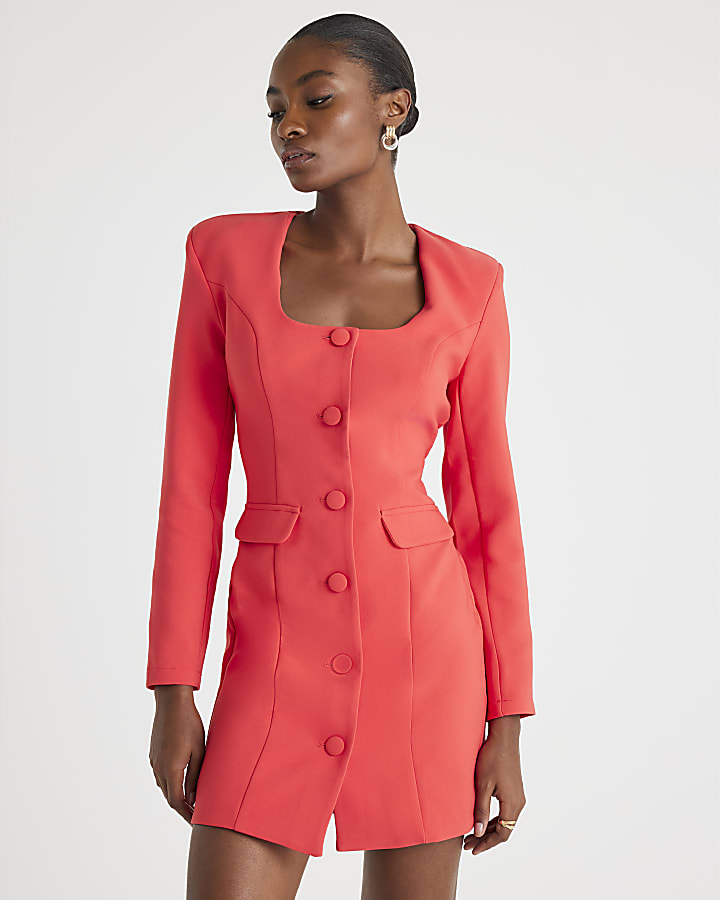 Red Long Sleeve Square Neck Mini Blazer Dress