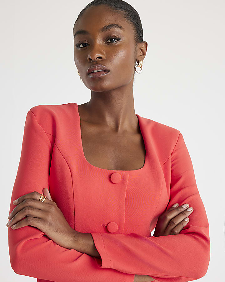 Red Long Sleeve Square Neck Mini Blazer Dress