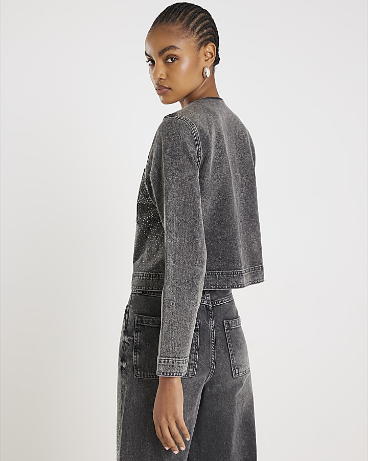 Grey Denim Diamante Trophy Jacket