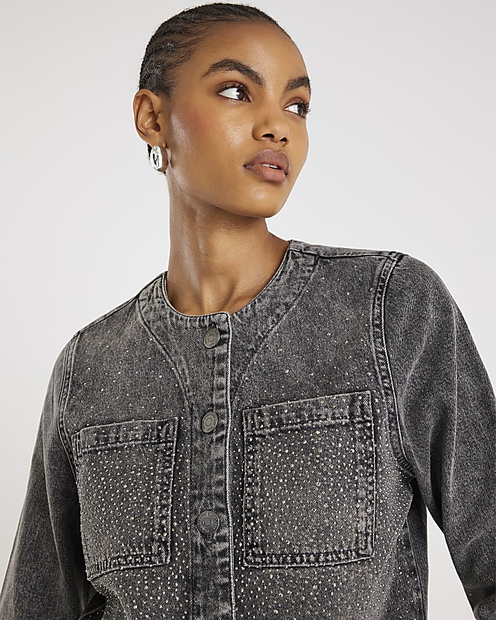 Grey Denim Diamante Trophy Jacket