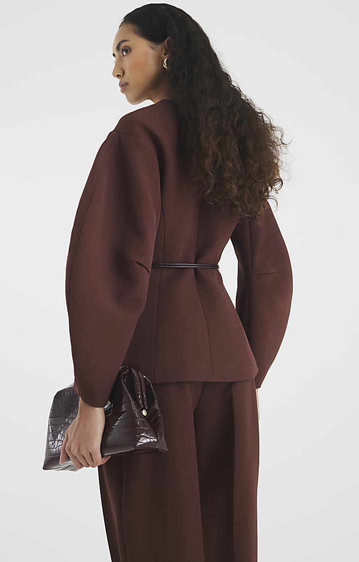 Brown Cocoon Sleeve Belted Blazer