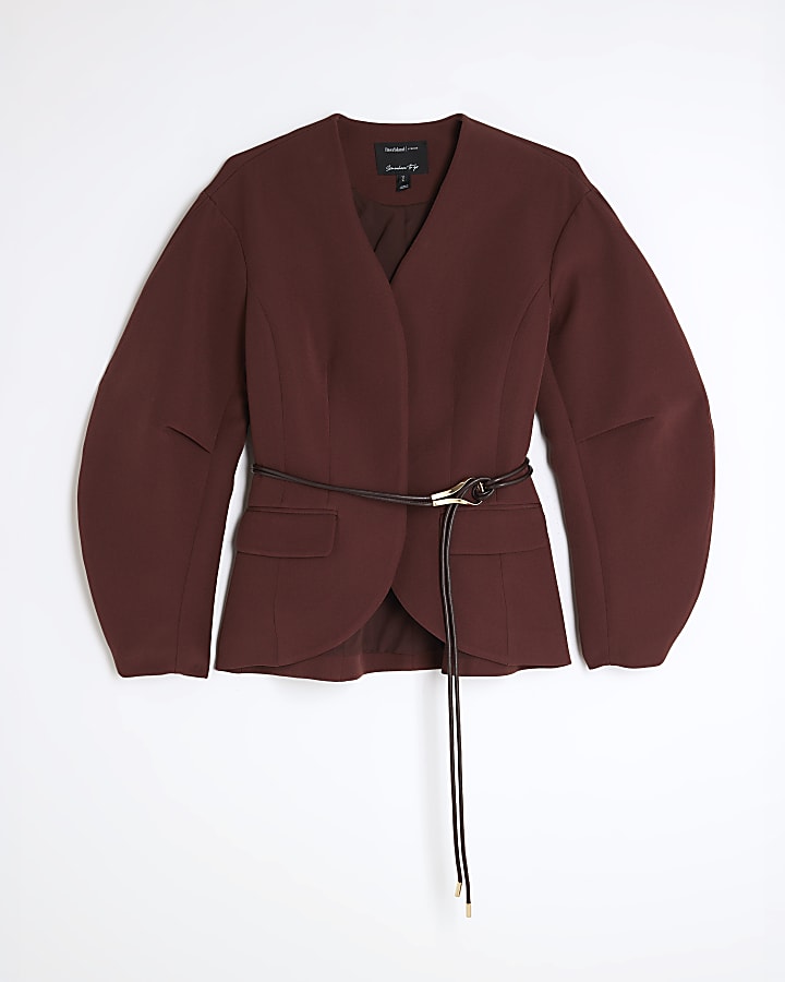 Brown Cocoon Sleeve Belted Blazer