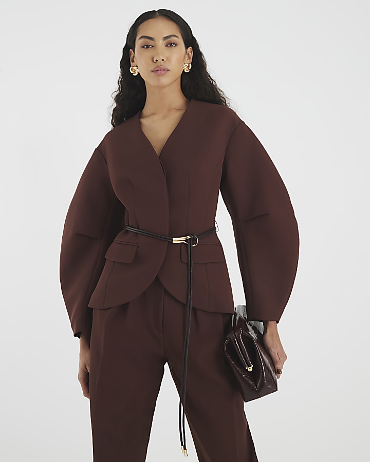 Brown Cocoon Sleeve Belted Blazer