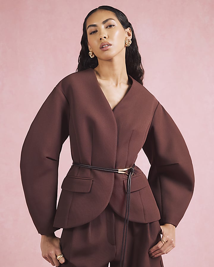 Brown Cocoon Sleeve Belted Blazer