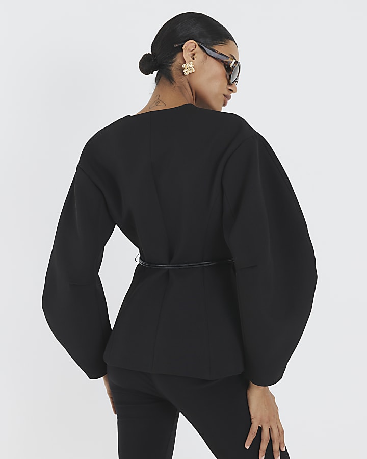 Black Cocoon Sleeve Belted Blazer