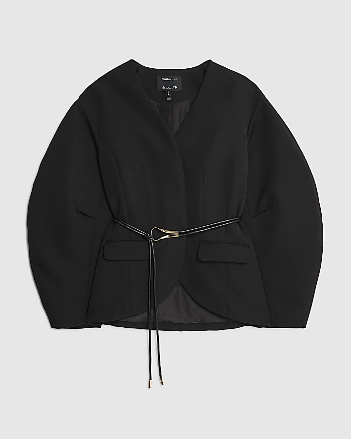 Black Cocoon Sleeve Belted Blazer
