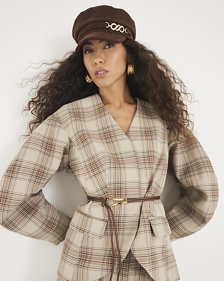 Brown Check Print Cocoon Belted Sleeve Blazer