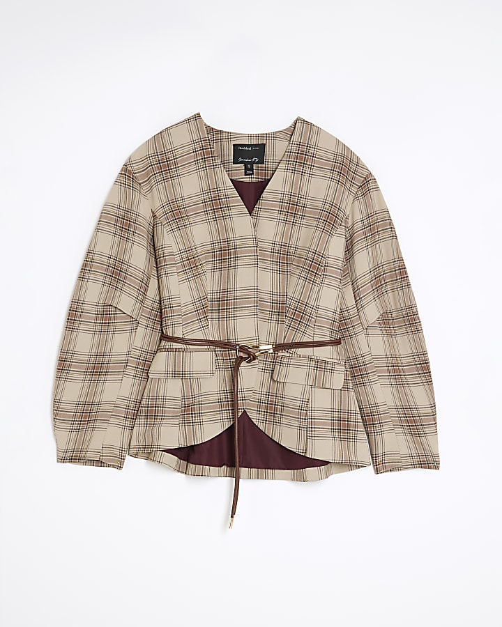 Brown Check Print Cocoon Belted Sleeve Blazer