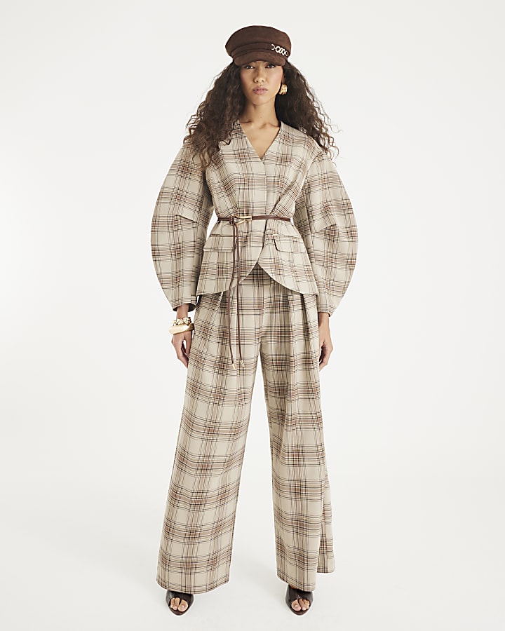 Brown Check Print Cocoon Belted Sleeve Blazer