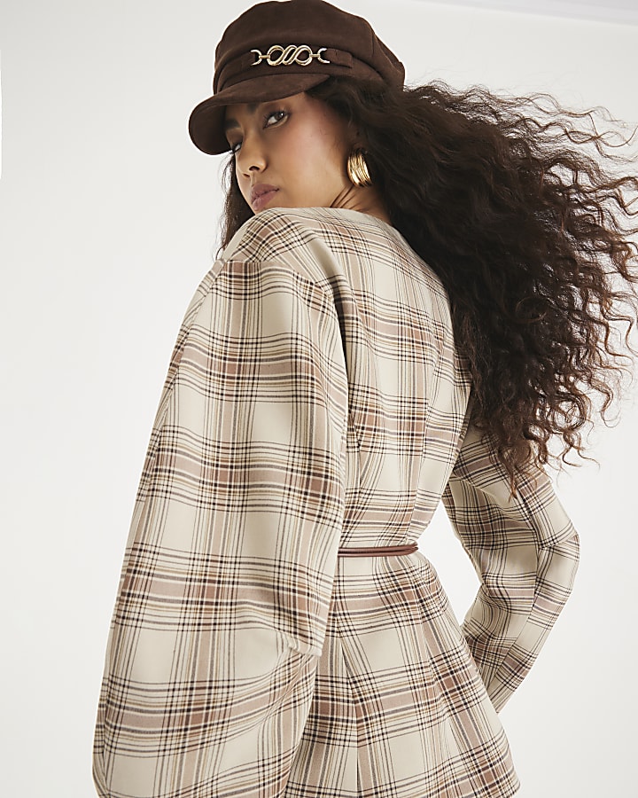 Brown Check Print Cocoon Belted Sleeve Blazer