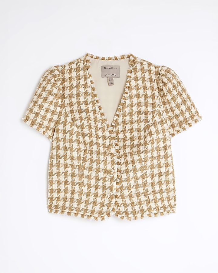 Brown Boucle Dogtooth Short Sleeve Top